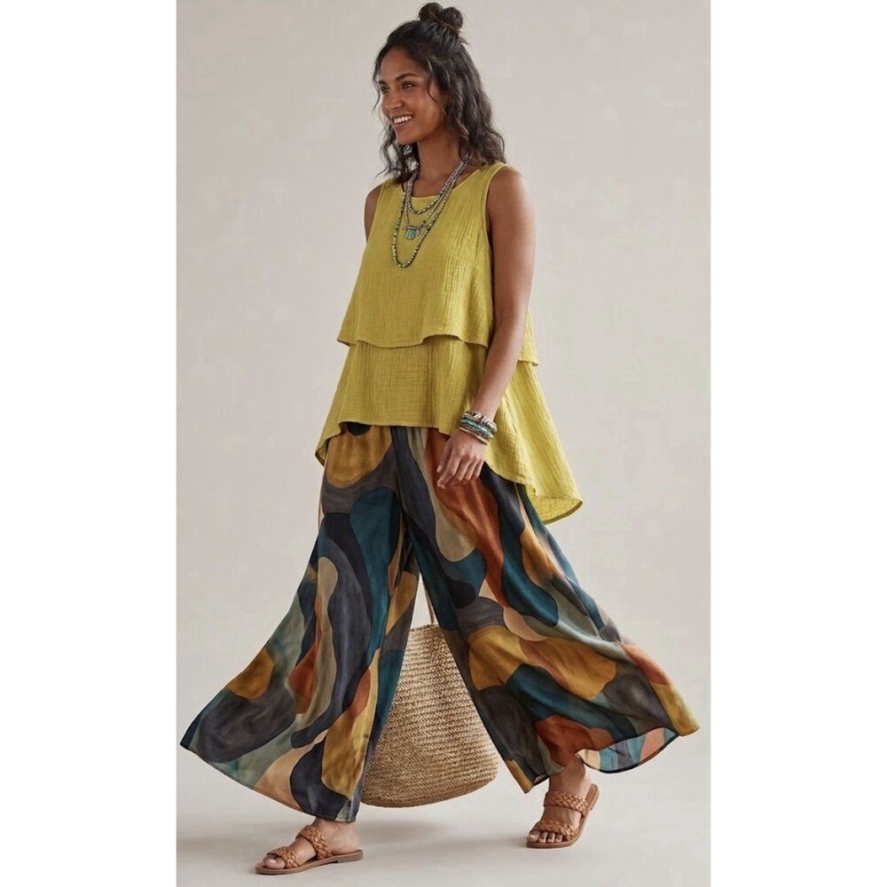 Ali Miles Luxe Yellow  Sleeveless L Round Neck Tank Top Tunic Blouse Artsy Boho
